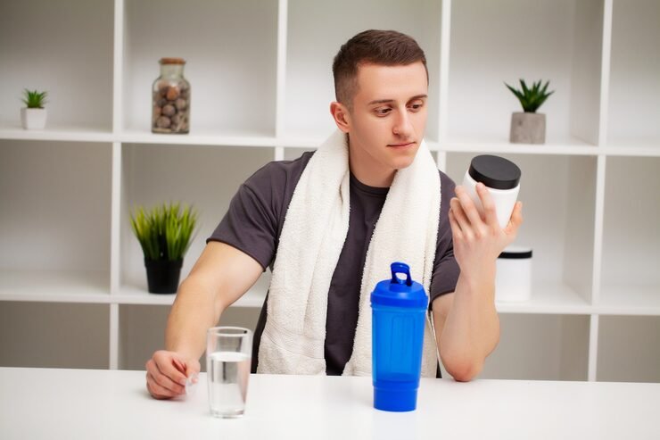 man prepares protein shake shaker after training 118454 10166