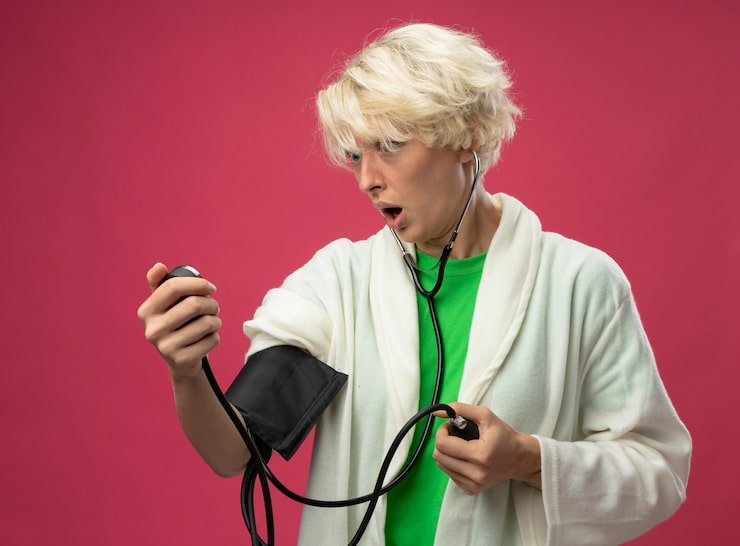 sick unhealthy woman with short hair with stethoscope measuring her blood pressure streesed nervous standing pink background 141793 48924